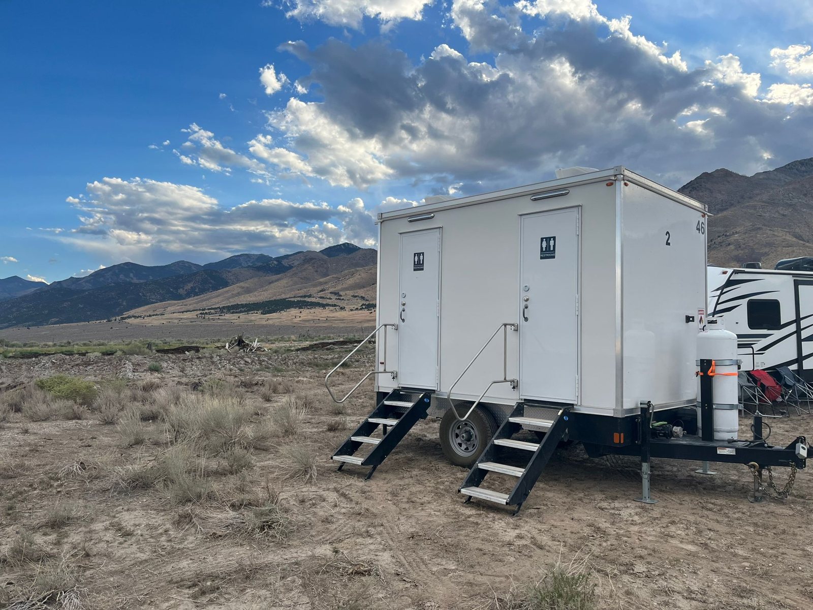 The 2-Station Restroom Trailer, available for rent across Texas