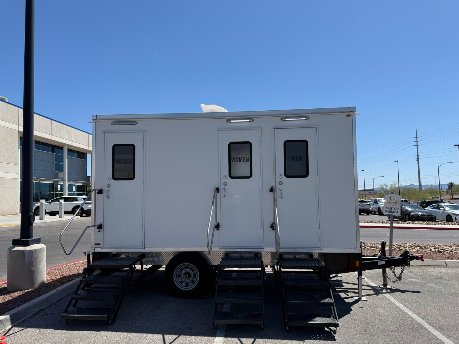 The 3-Station Restroom Trailer, available for rent across Texas