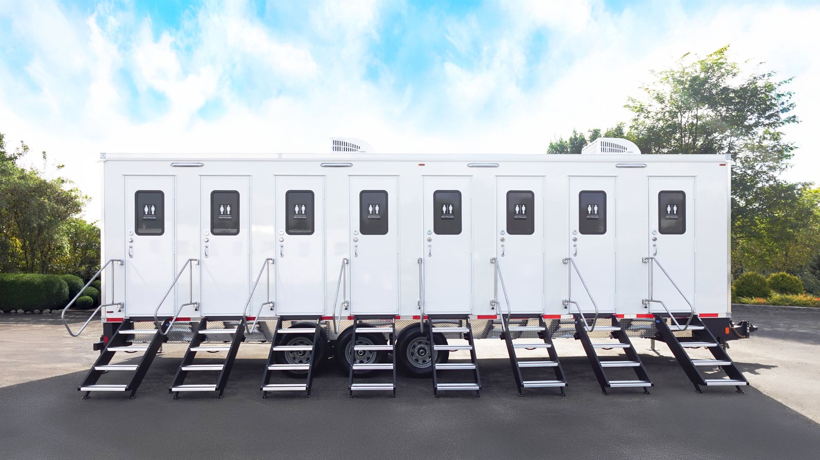 The 8-Station Private Stall Deluxe Restroom Trailer, available for rent across Texas