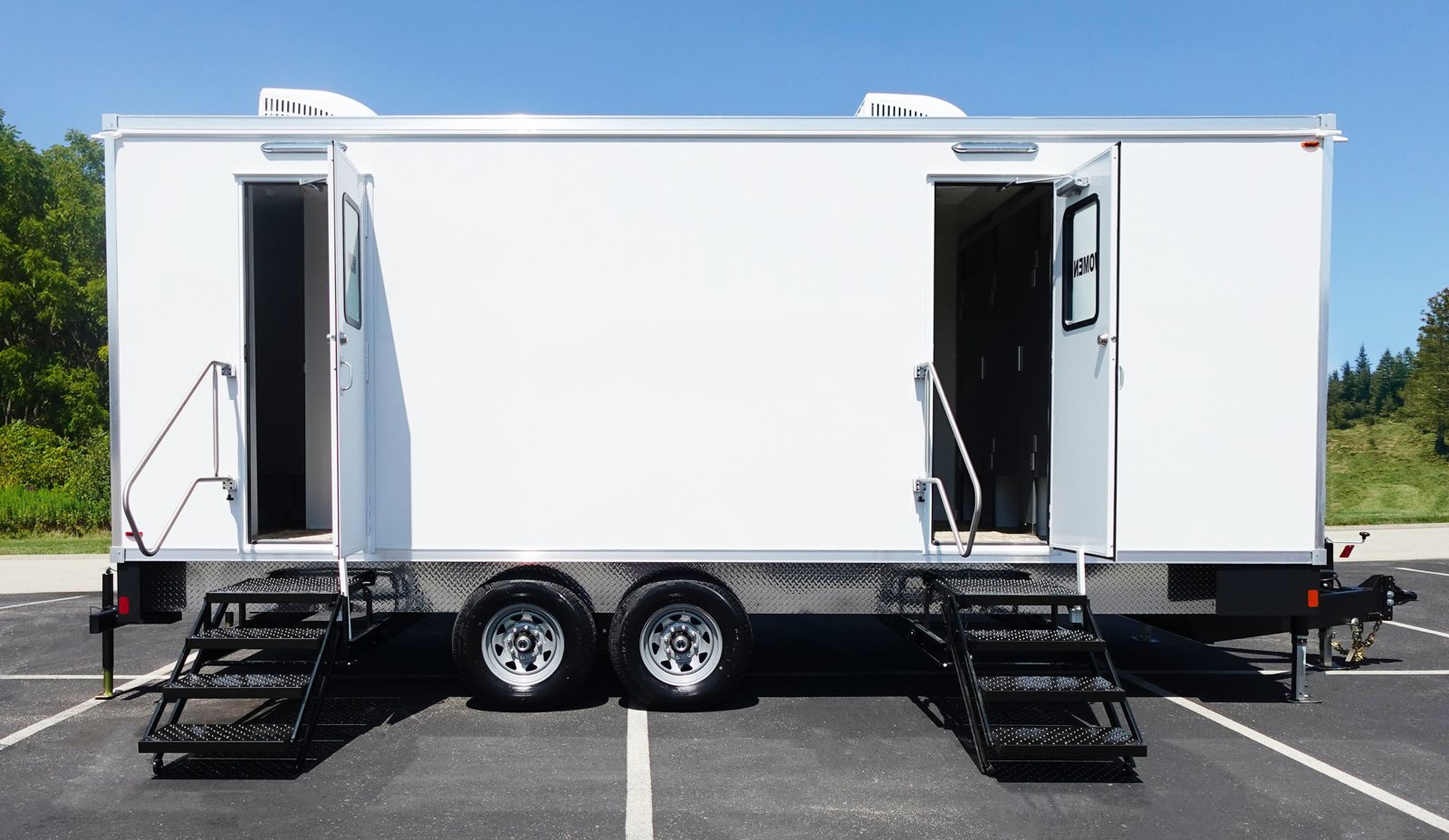 The 9-Station Restroom Trailer, available for rent across Texas