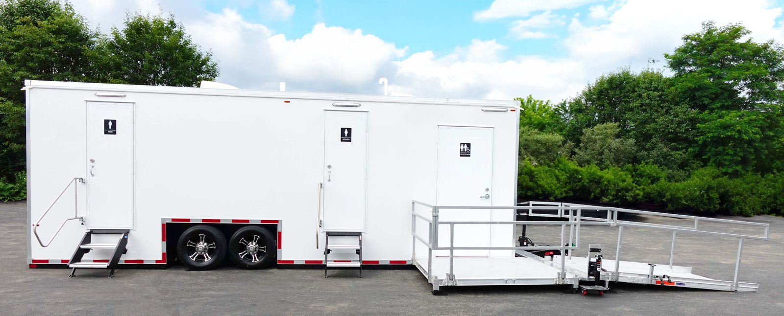 The ADA + 6 Restroom Trailer, available for rent across Texas